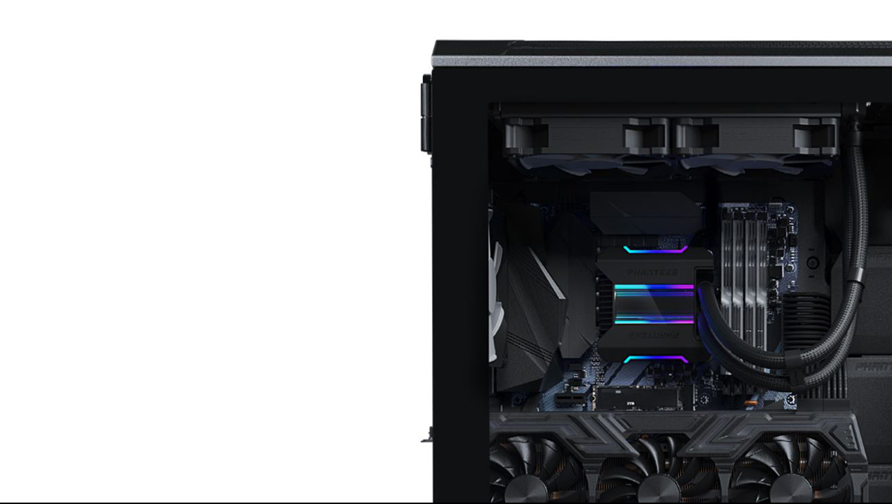 A liquid cooler installed inside a chasis is illuminating.